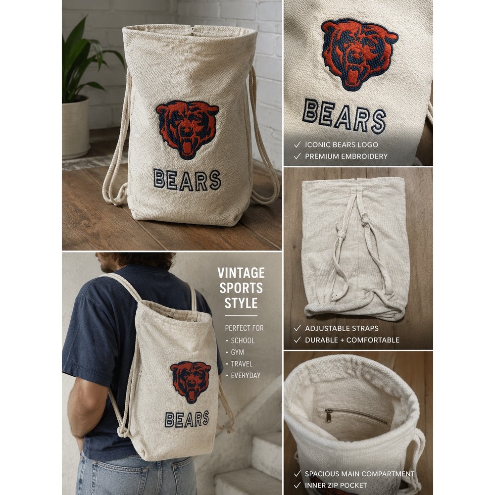 Chicago Bears Twill Drawstring Cinch Backpack Bag NFL Embroidered Vintage Cream